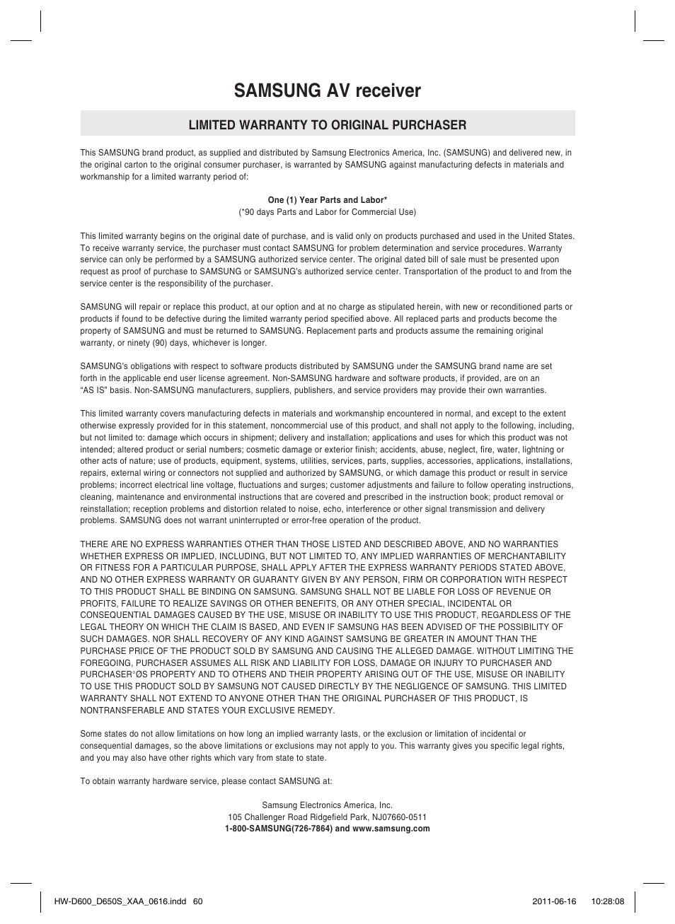 Samsung av receiver, Limited warranty to original purchaser | Samsung HW-D650S-ZA User Manual | Page 60 / 62