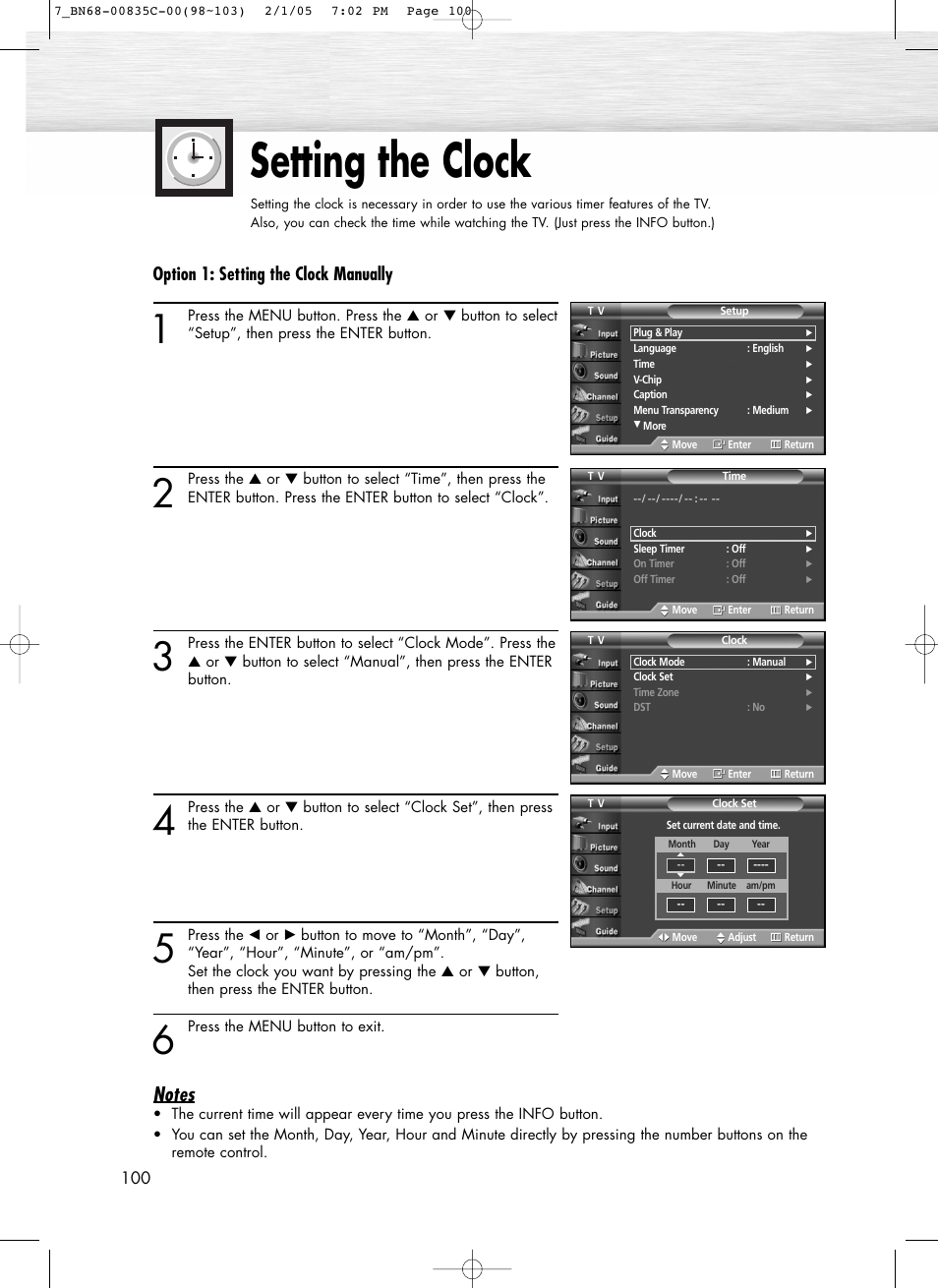 Setting the clock, Option 1: setting the clock manually | Samsung SPR4232X-XAC User Manual | Page 100 / 144
