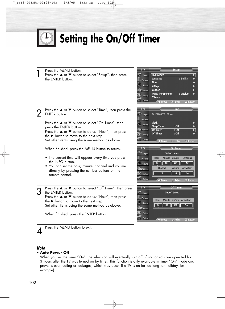 Setting the on/off timer | Samsung SPR4232X-XAC User Manual | Page 102 / 144