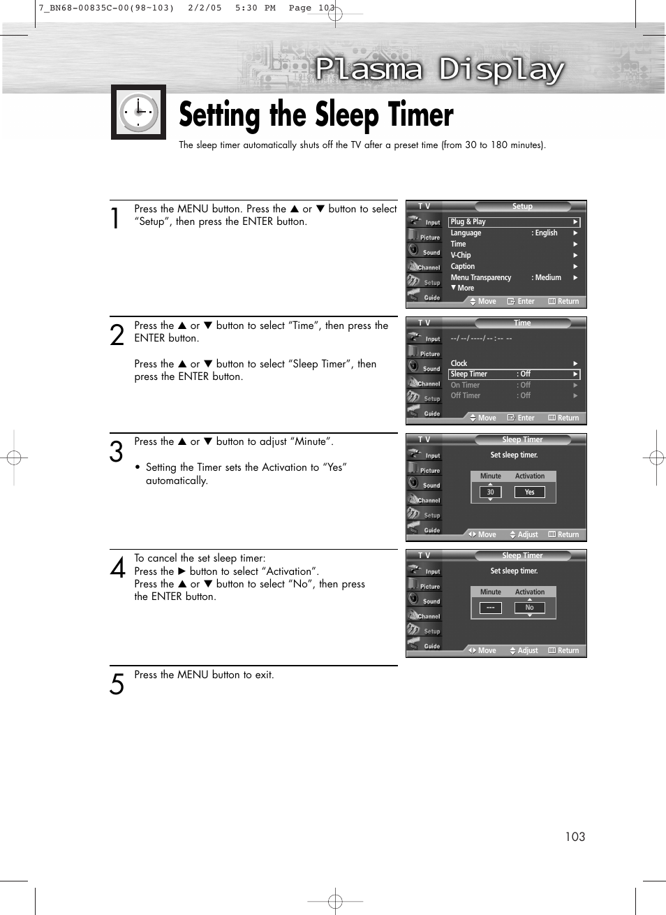 Setting the sleep timer | Samsung SPR4232X-XAC User Manual | Page 103 / 144