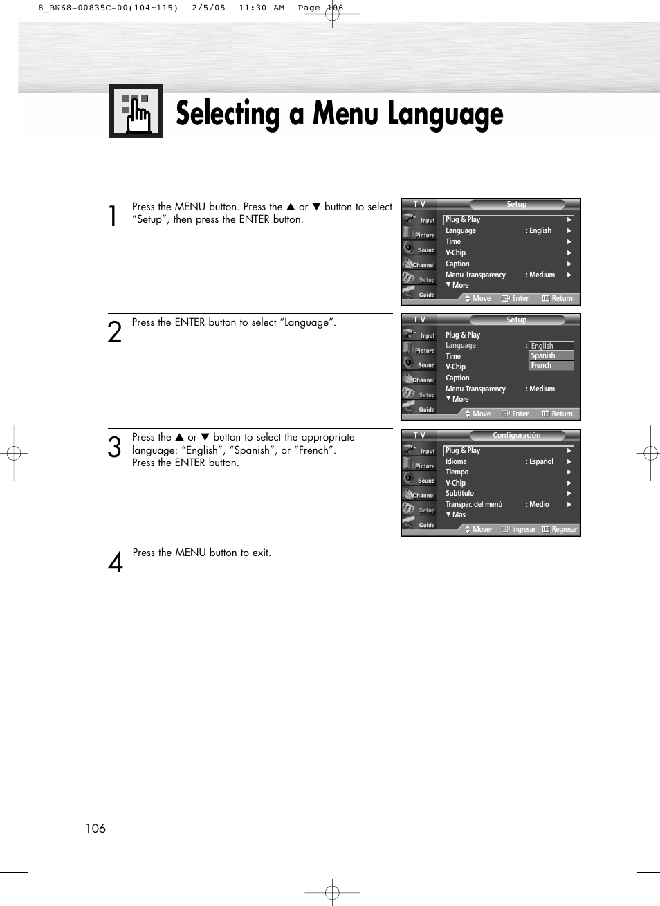 Selecting a menu language | Samsung SPR4232X-XAC User Manual | Page 106 / 144