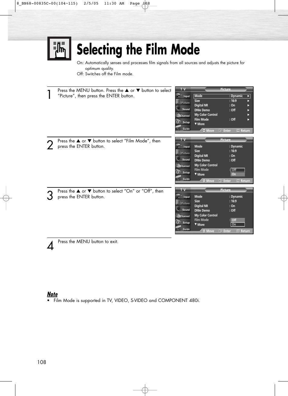 Selecting the film mode | Samsung SPR4232X-XAC User Manual | Page 108 / 144