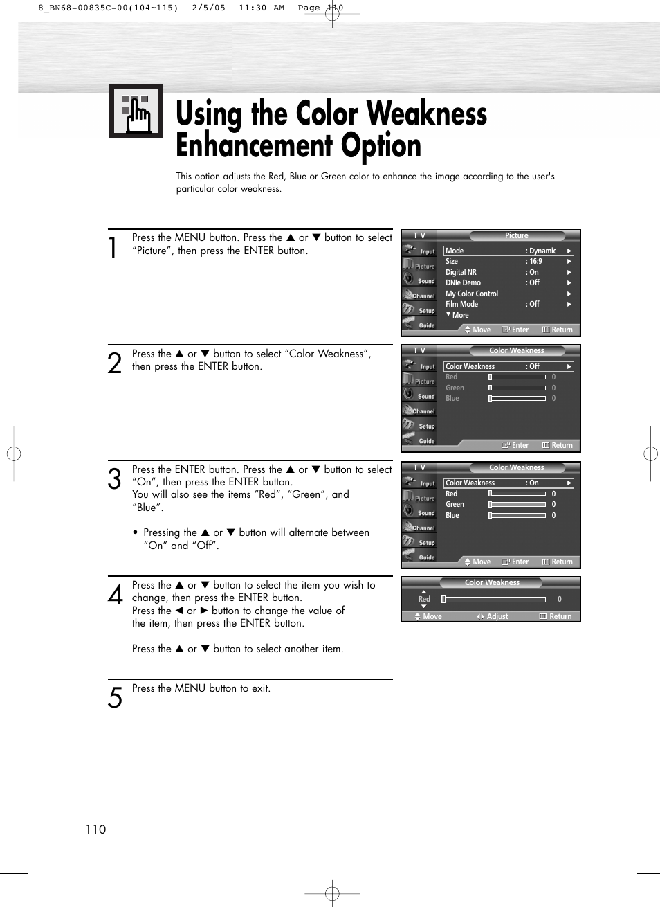 Using the color weakness enhancement option | Samsung SPR4232X-XAC User Manual | Page 110 / 144