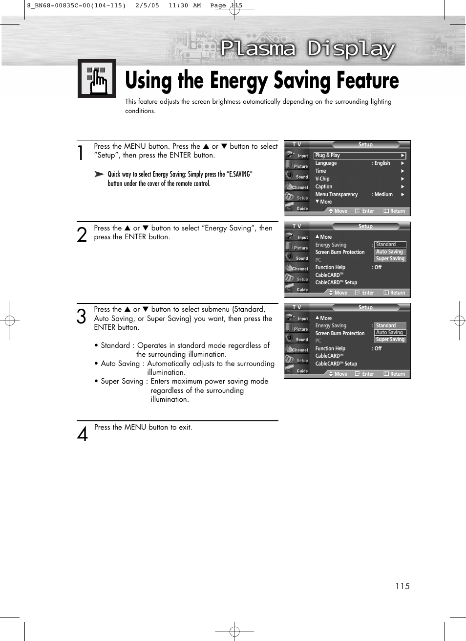 Using the energy saving feature | Samsung SPR4232X-XAC User Manual | Page 115 / 144