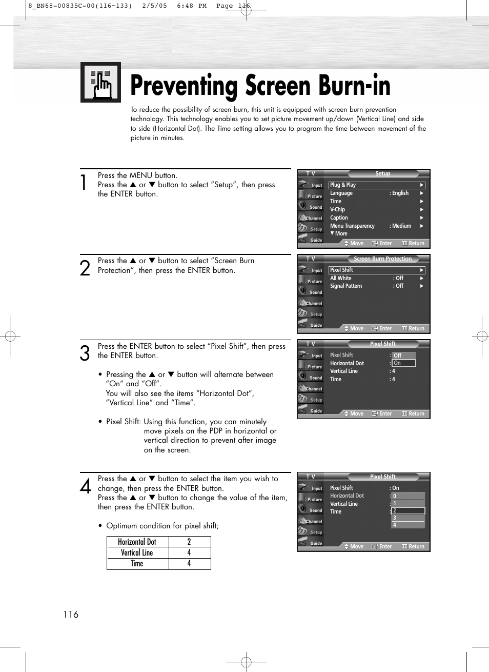 Preventing screen burn-in | Samsung SPR4232X-XAC User Manual | Page 116 / 144