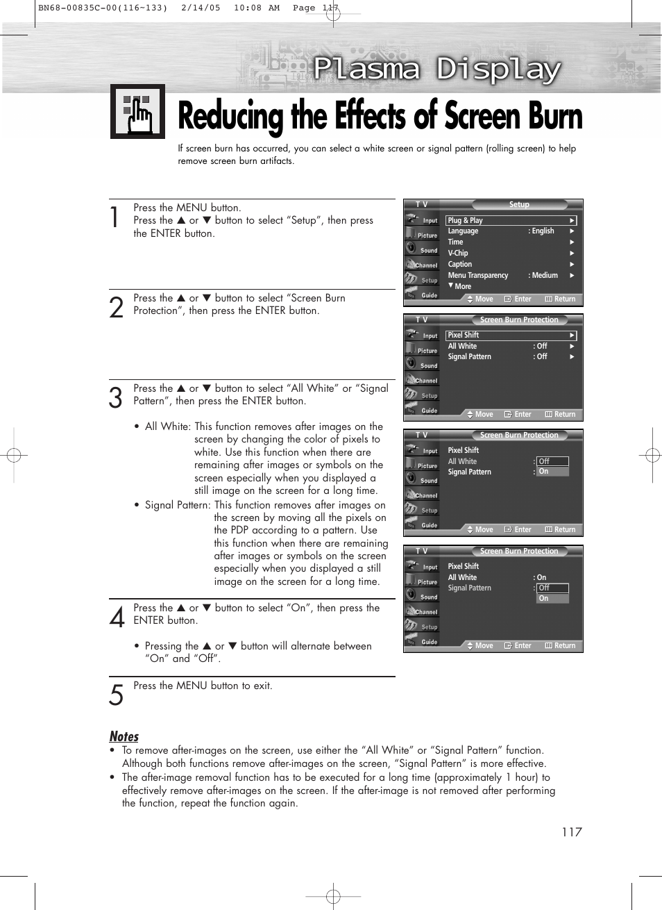 Reducing the effects of screen burn | Samsung SPR4232X-XAC User Manual | Page 117 / 144