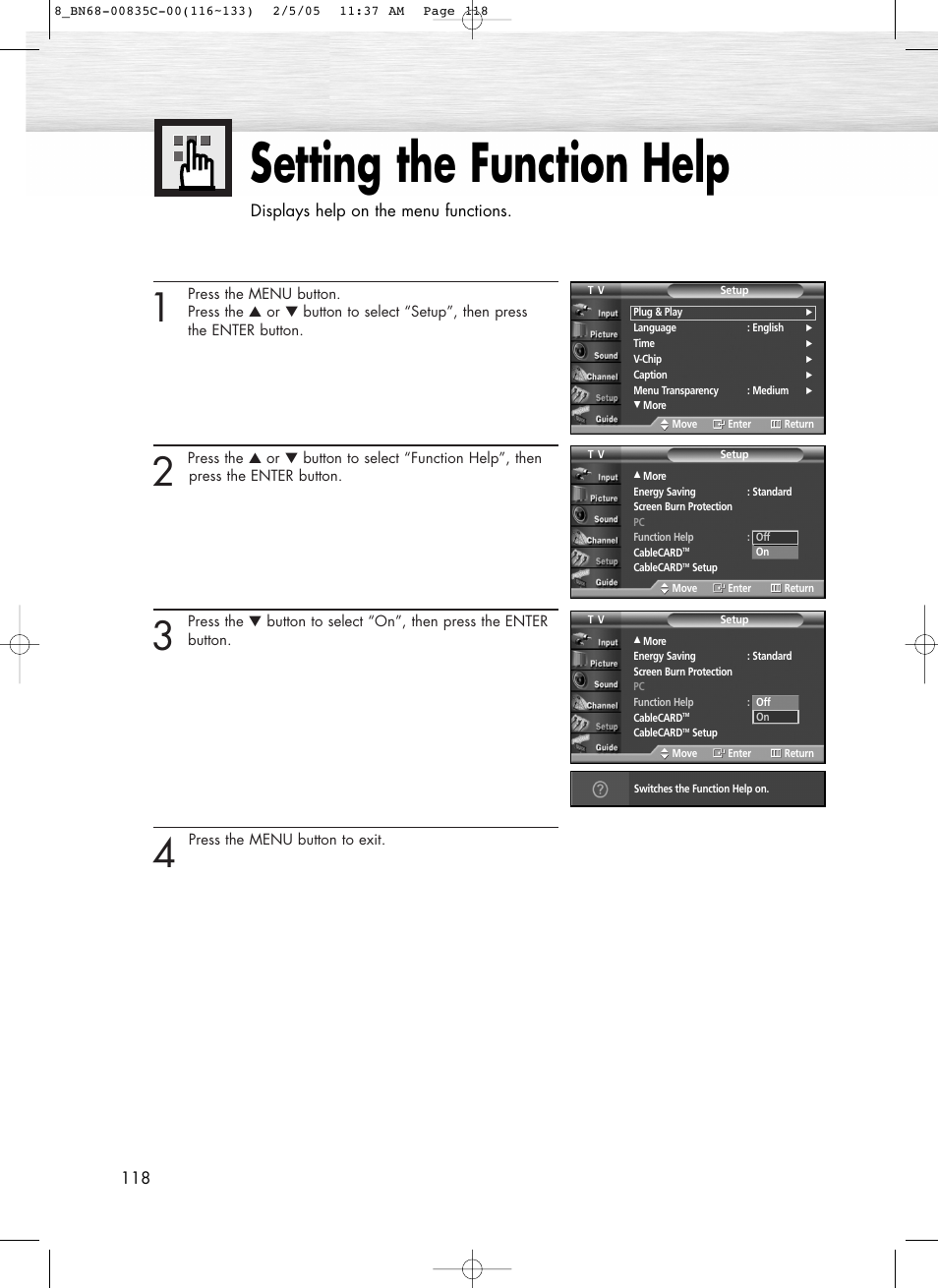 Setting the function help | Samsung SPR4232X-XAC User Manual | Page 118 / 144