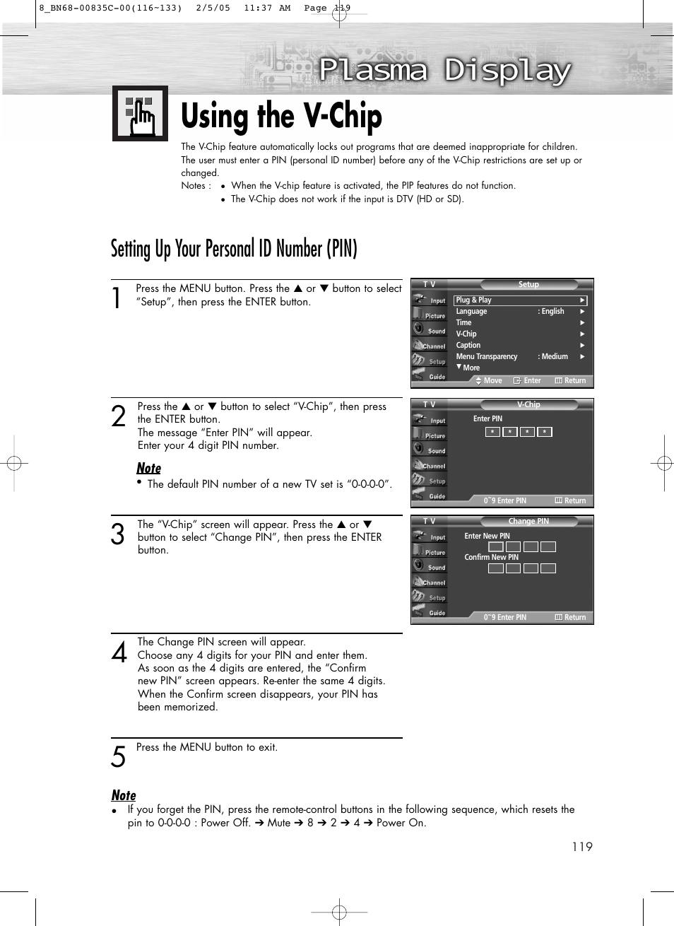 Using the v-chip, Setting up your personal id number (pin) | Samsung SPR4232X-XAC User Manual | Page 119 / 144
