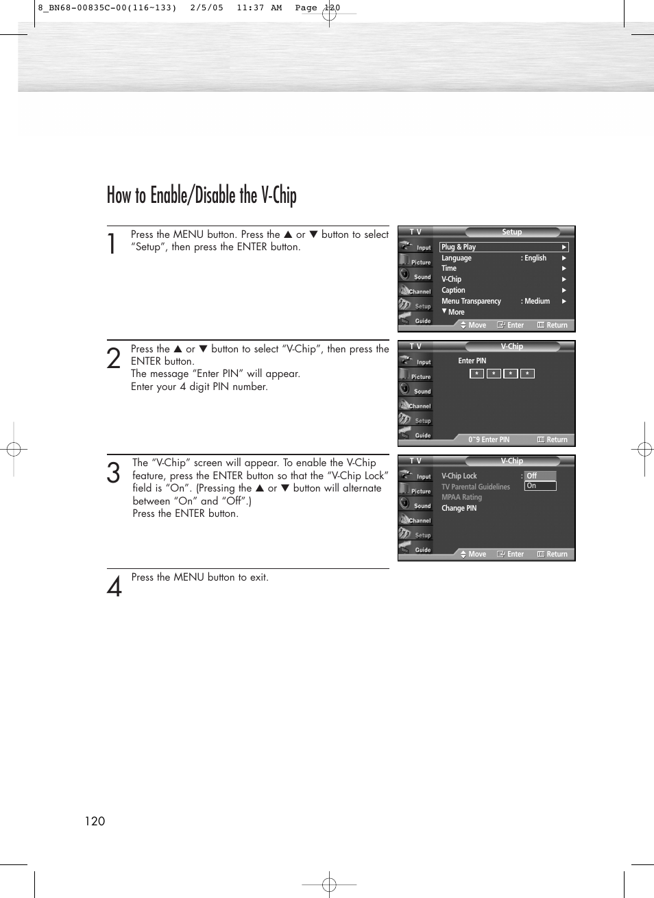 How to enable/disable the v-chip | Samsung SPR4232X-XAC User Manual | Page 120 / 144