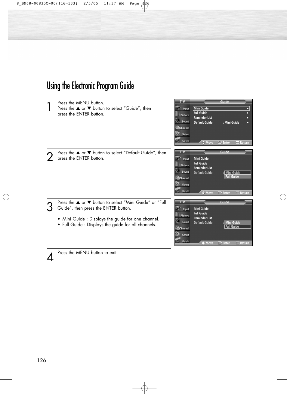 Using the electronic program guide | Samsung SPR4232X-XAC User Manual | Page 126 / 144