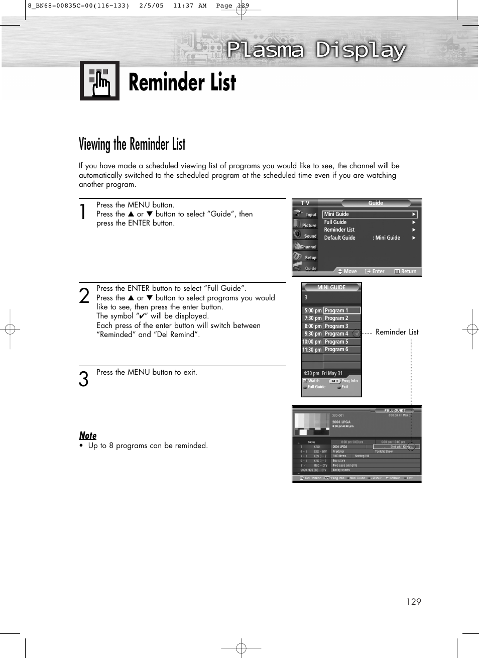Reminder list, Viewing the reminder list | Samsung SPR4232X-XAC User Manual | Page 129 / 144