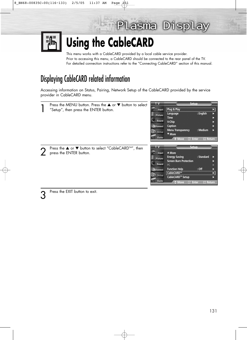 Using the cablecard, Displaying cablecard related information | Samsung SPR4232X-XAC User Manual | Page 131 / 144