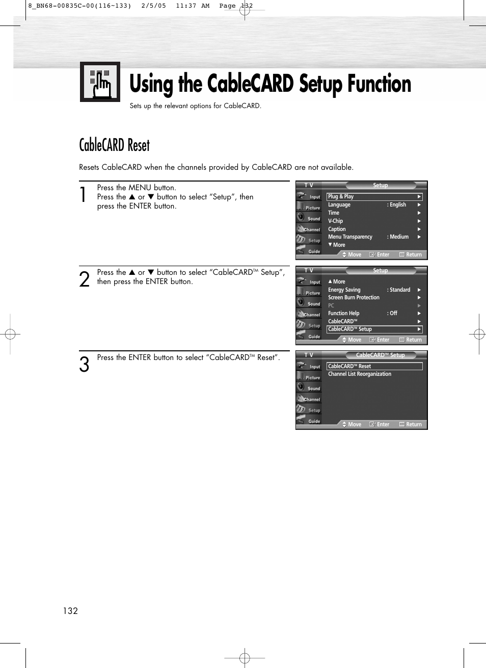 Using the cablecard setup function, Cablecard reset | Samsung SPR4232X-XAC User Manual | Page 132 / 144