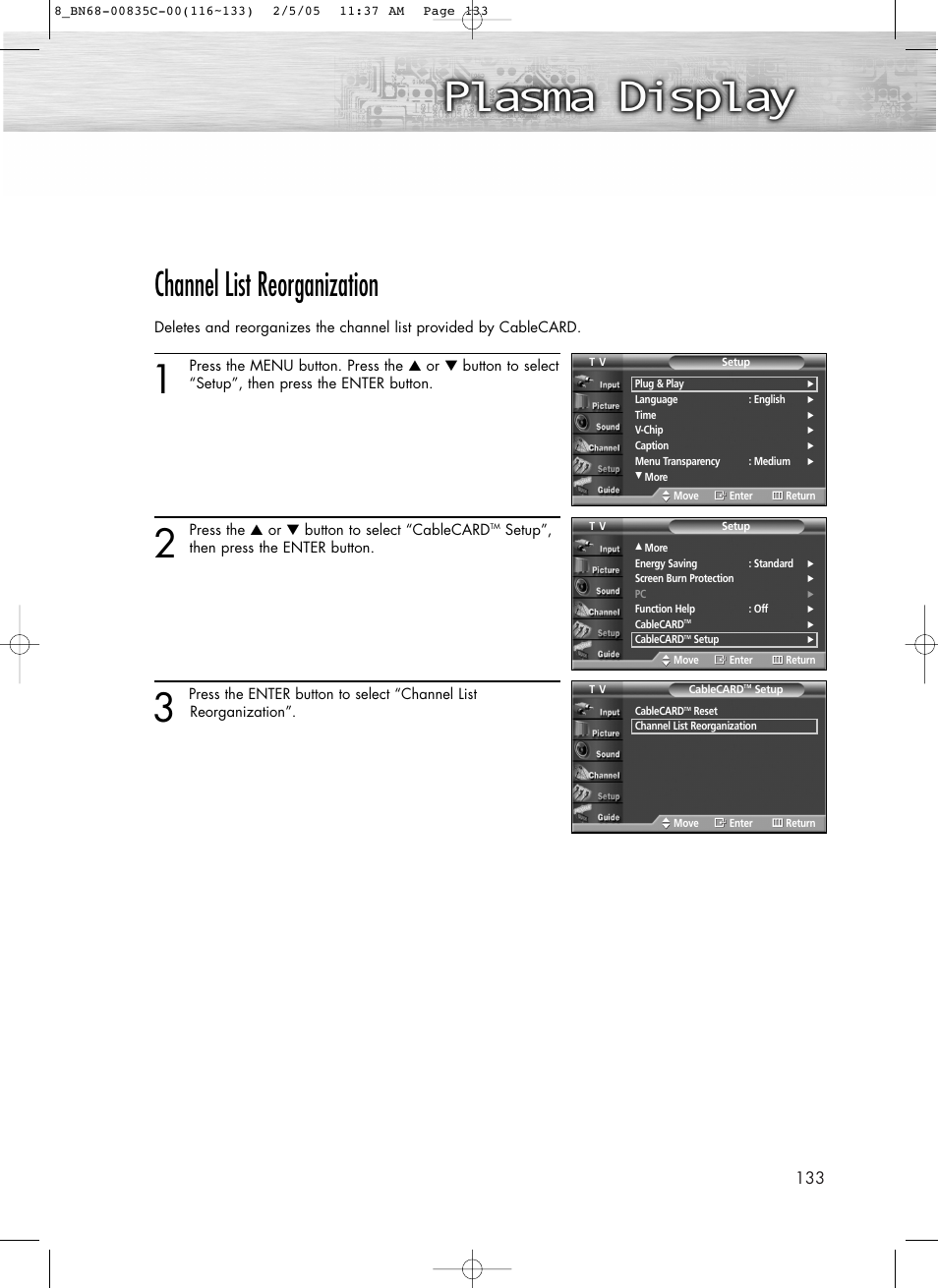Channel list reorganization | Samsung SPR4232X-XAC User Manual | Page 133 / 144