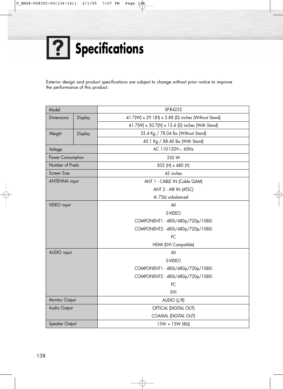 Specifications | Samsung SPR4232X-XAC User Manual | Page 138 / 144