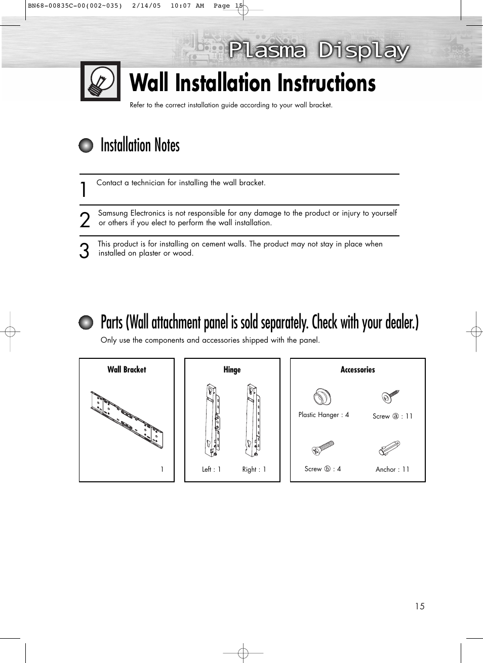 Wall installation instructions | Samsung SPR4232X-XAC User Manual | Page 15 / 144