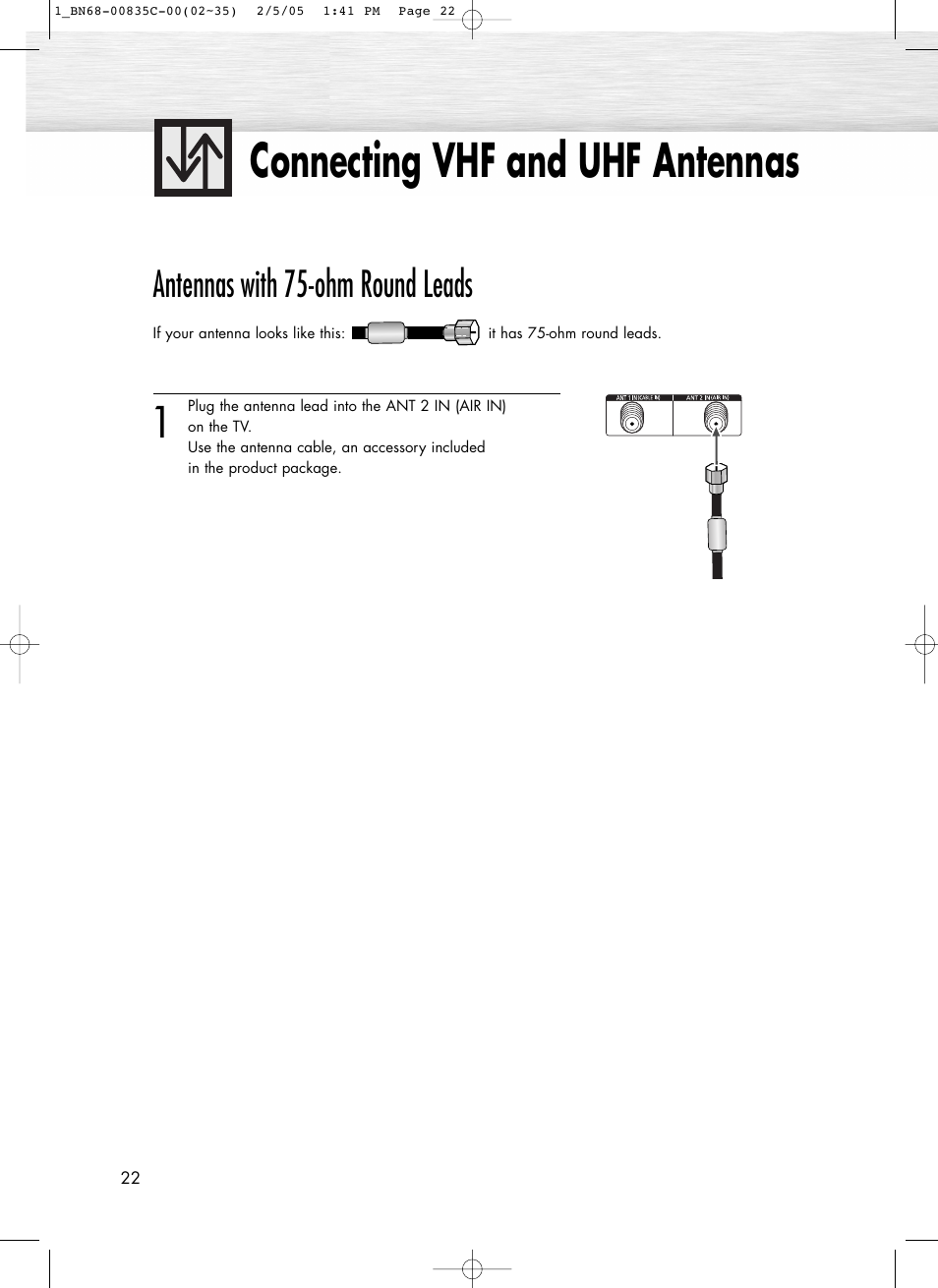 Connecting vhf and uhf antennas, Antennas with 75-ohm round leads | Samsung SPR4232X-XAC User Manual | Page 22 / 144