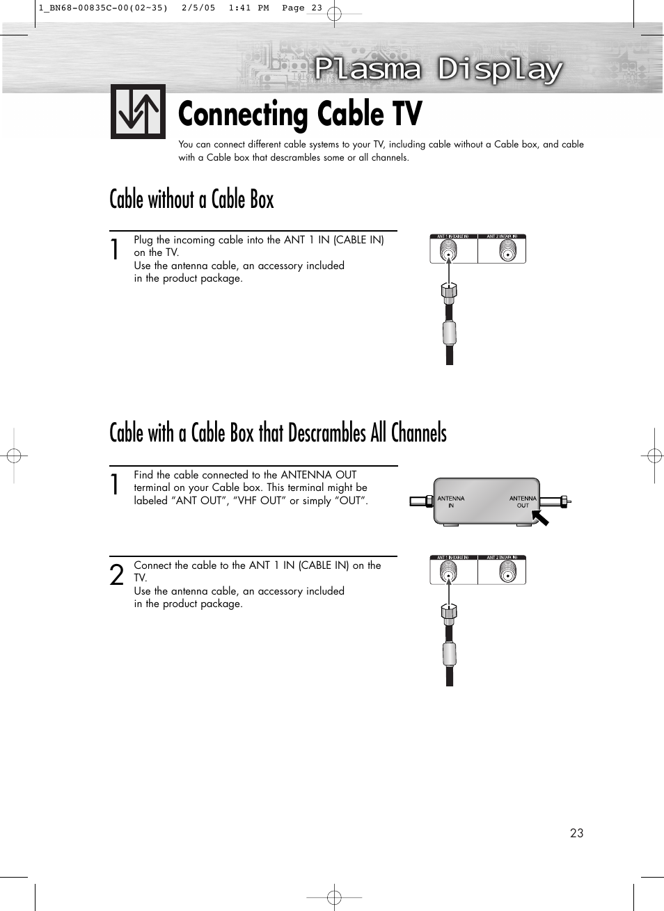 Connecting cable tv, Cable without a cable box | Samsung SPR4232X-XAC User Manual | Page 23 / 144