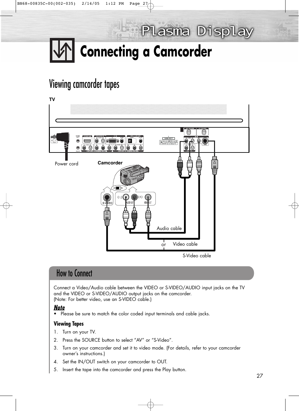Connecting a camcorder, Viewing camcorder tapes, How to connect | Samsung SPR4232X-XAC User Manual | Page 27 / 144