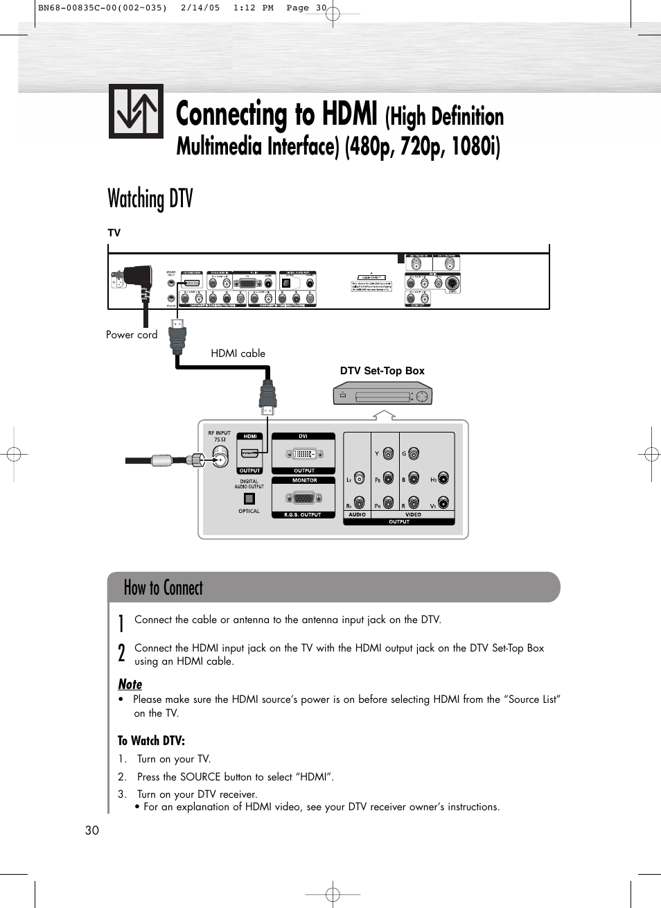 Connecting to hdmi, Watching dtv, How to connect | Samsung SPR4232X-XAC User Manual | Page 30 / 144