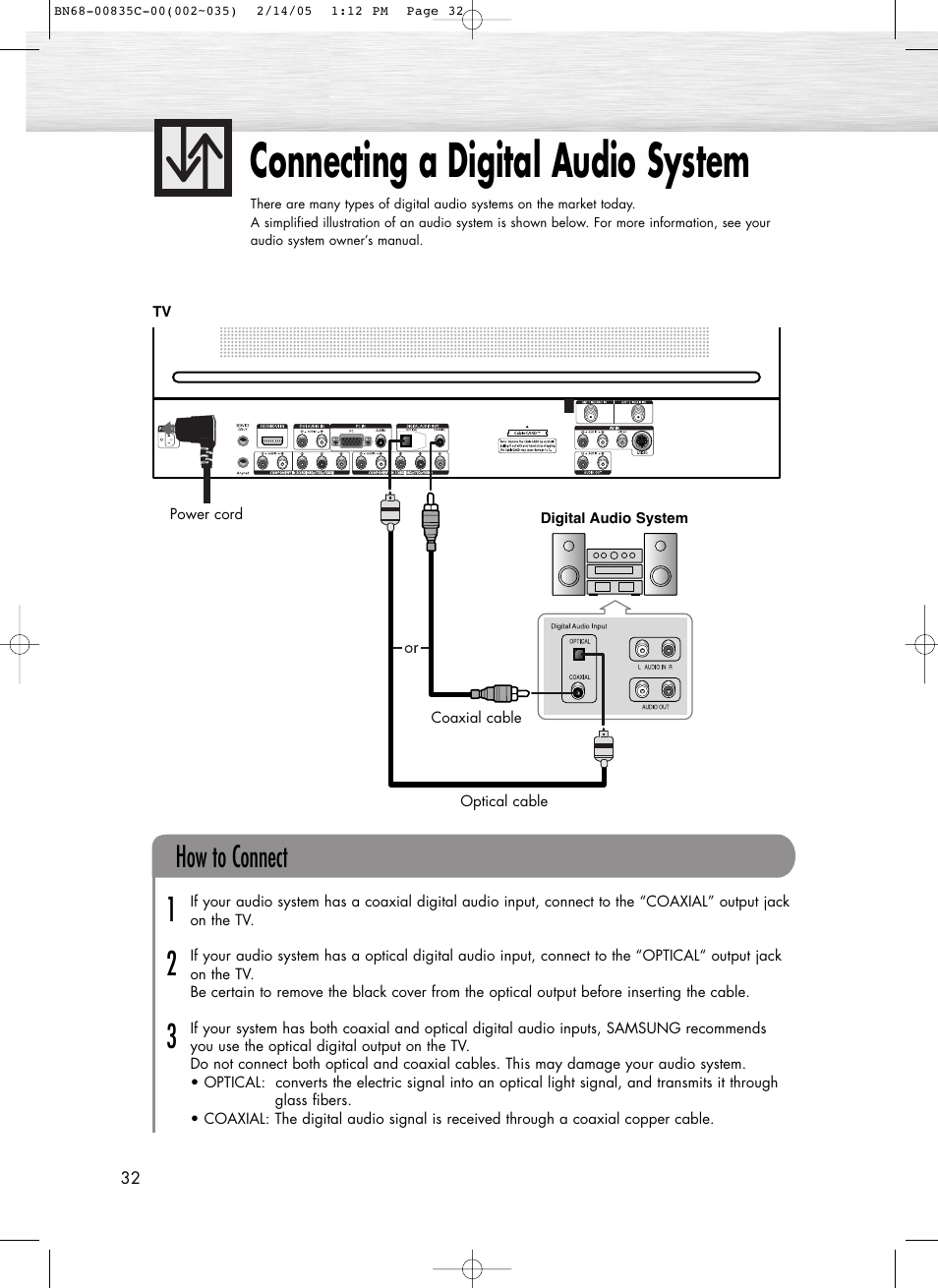 Connecting a digital audio system, How to connect | Samsung SPR4232X-XAC User Manual | Page 32 / 144