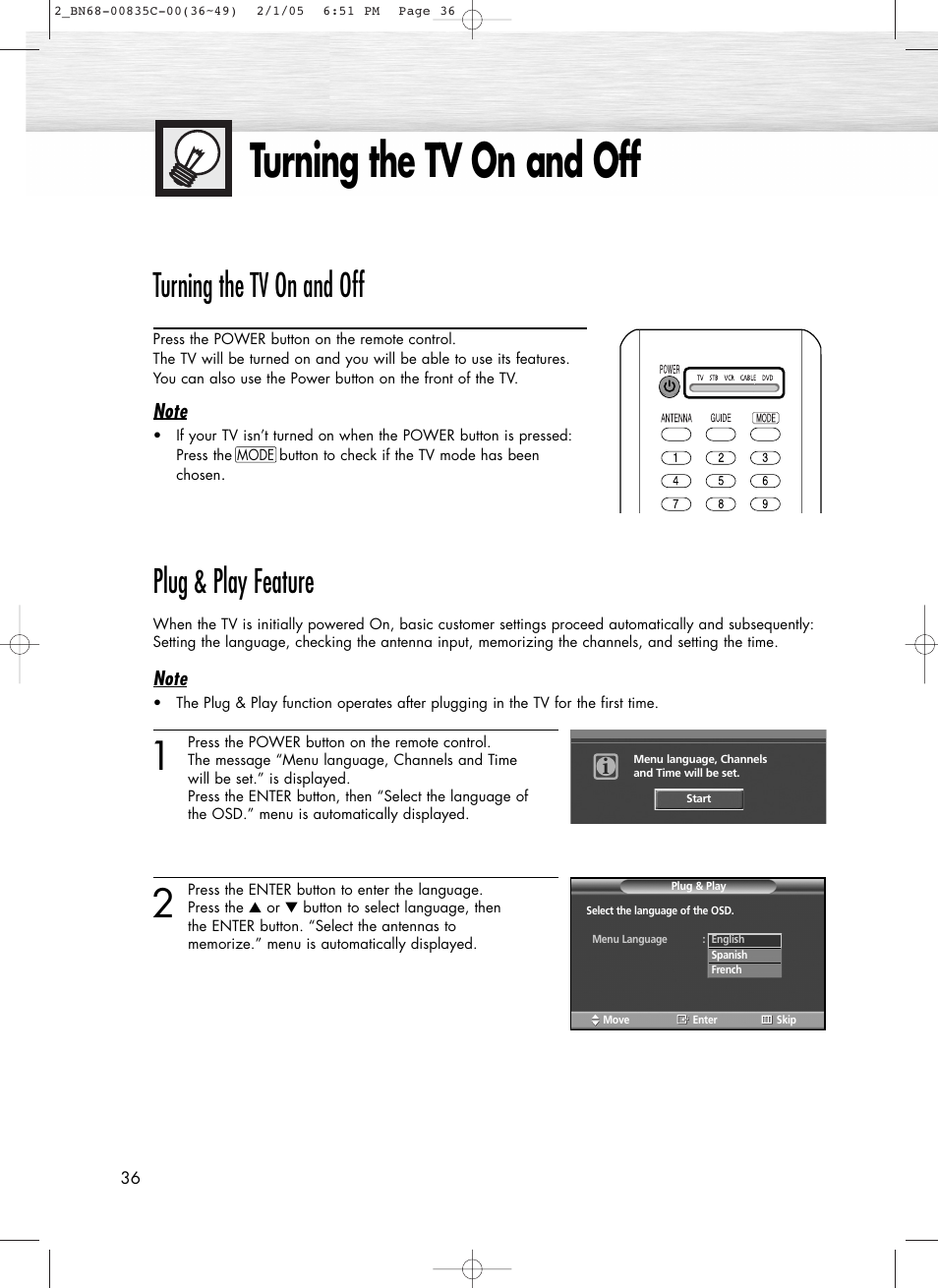 Turning the tv on and off, Plug & play feature | Samsung SPR4232X-XAC User Manual | Page 36 / 144