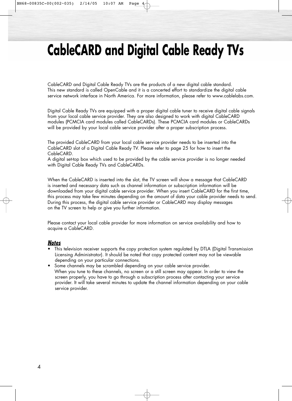 Cablecard and digital cable ready tvs | Samsung SPR4232X-XAC User Manual | Page 4 / 144
