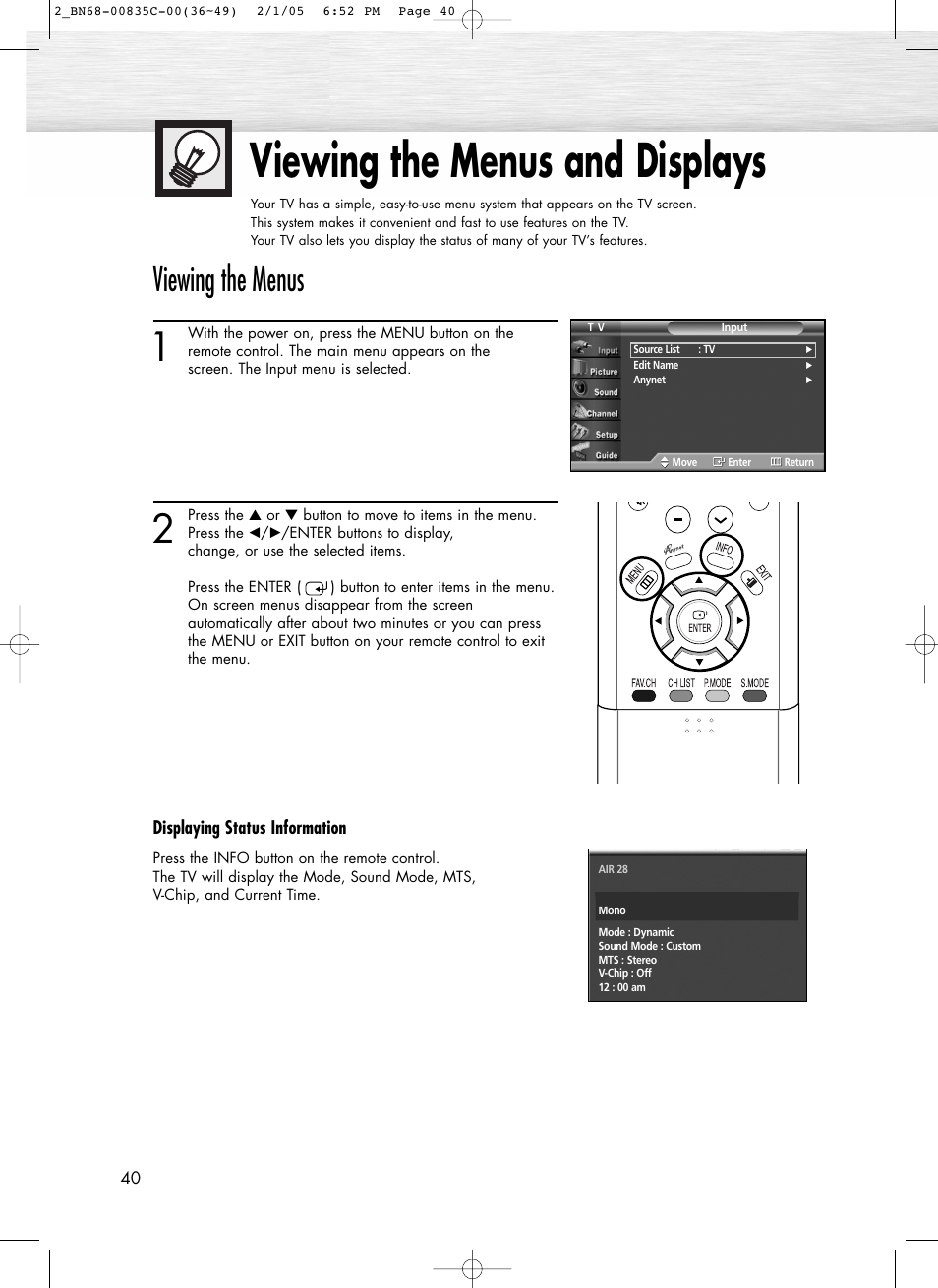 Viewing the menus and displays, Viewing the menus | Samsung SPR4232X-XAC User Manual | Page 40 / 144