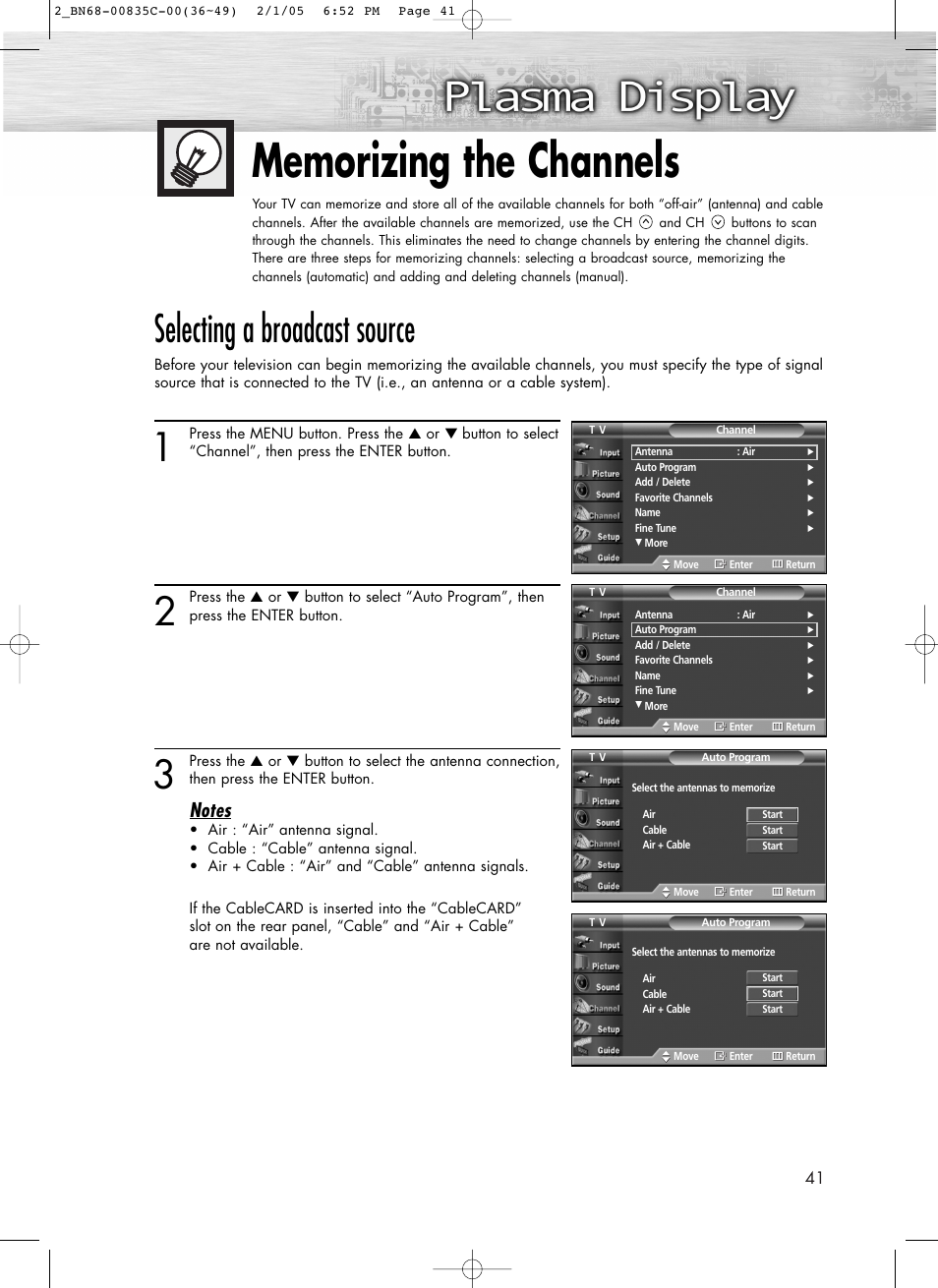 Memorizing the channels, Selecting a broadcast source | Samsung SPR4232X-XAC User Manual | Page 41 / 144