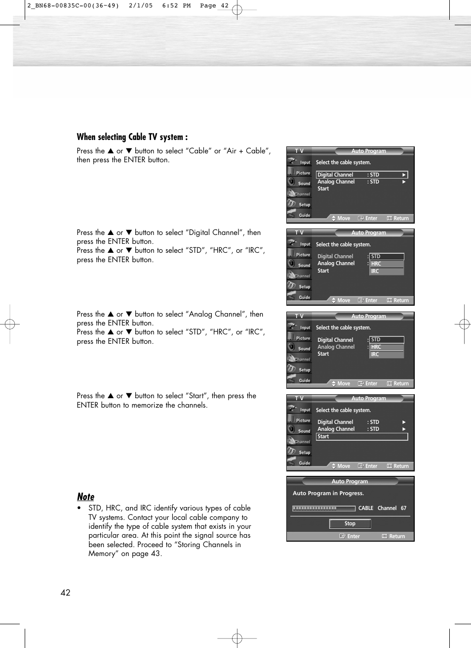 When selecting cable tv system | Samsung SPR4232X-XAC User Manual | Page 42 / 144