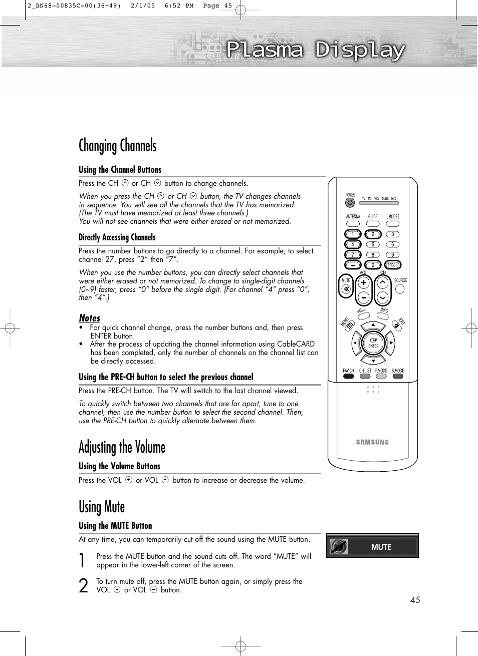 Changing channels, Adjusting the volume, Using mute | Samsung SPR4232X-XAC User Manual | Page 45 / 144