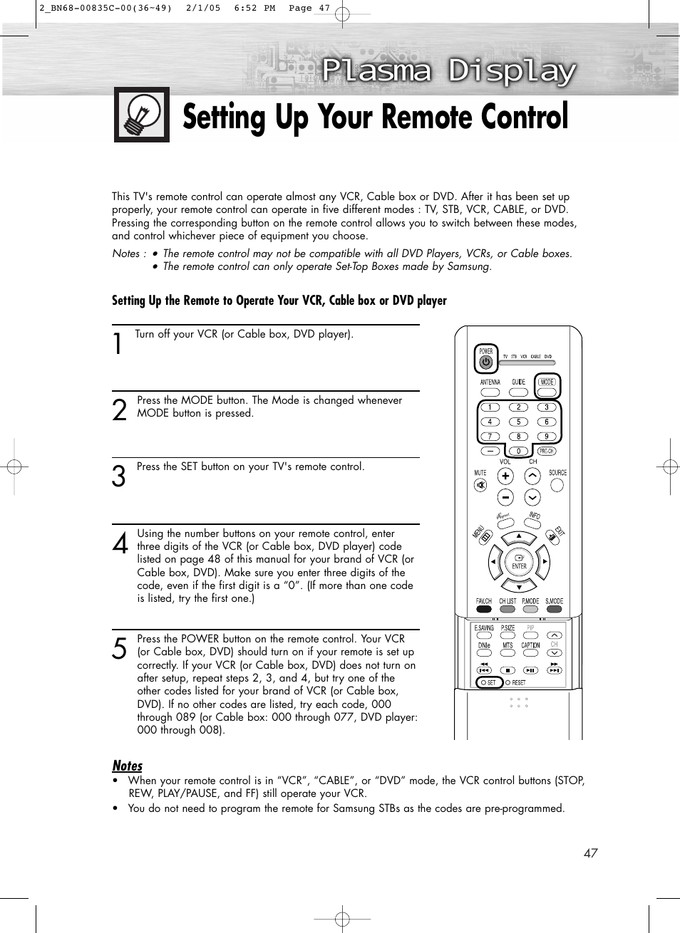 Setting up your remote control | Samsung SPR4232X-XAC User Manual | Page 47 / 144