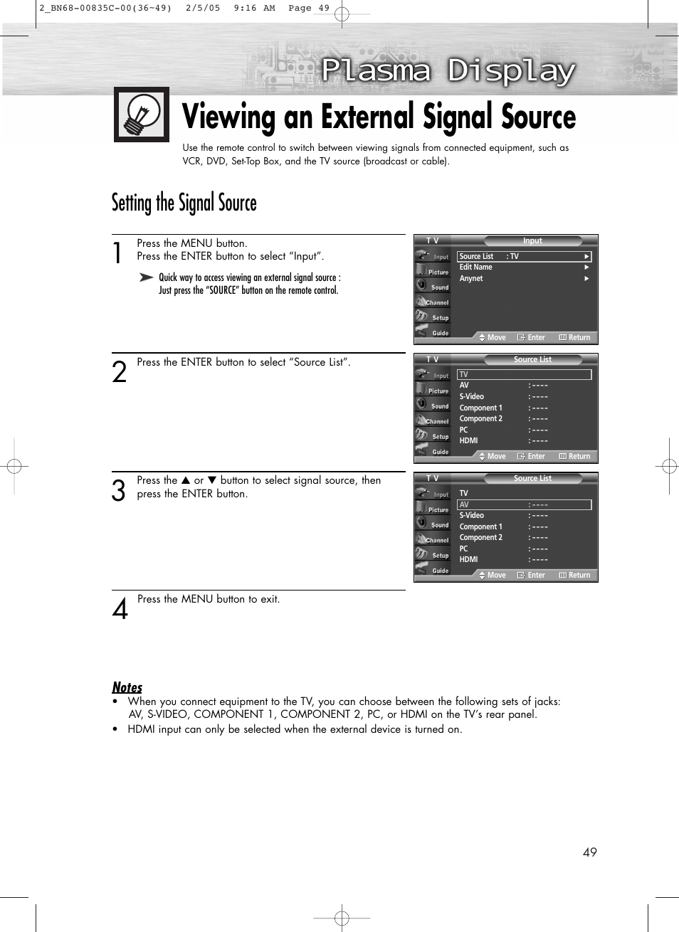 Viewing an external signal source, Setting the signal source | Samsung SPR4232X-XAC User Manual | Page 49 / 144