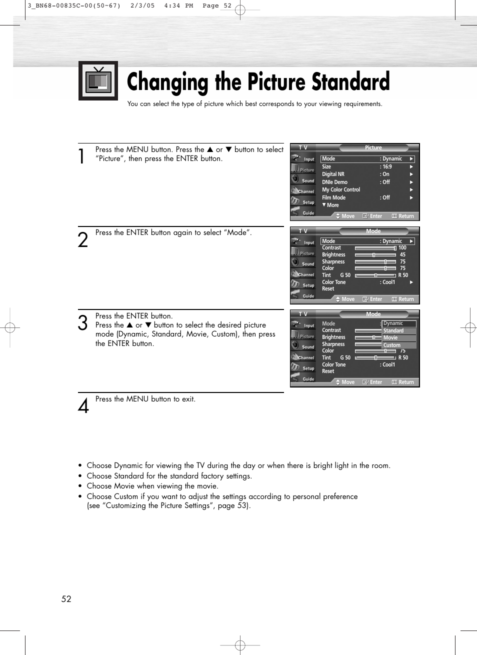 Changing the picture standard | Samsung SPR4232X-XAC User Manual | Page 52 / 144