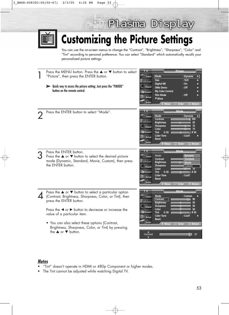 Customizing the picture settings | Samsung SPR4232X-XAC User Manual | Page 53 / 144