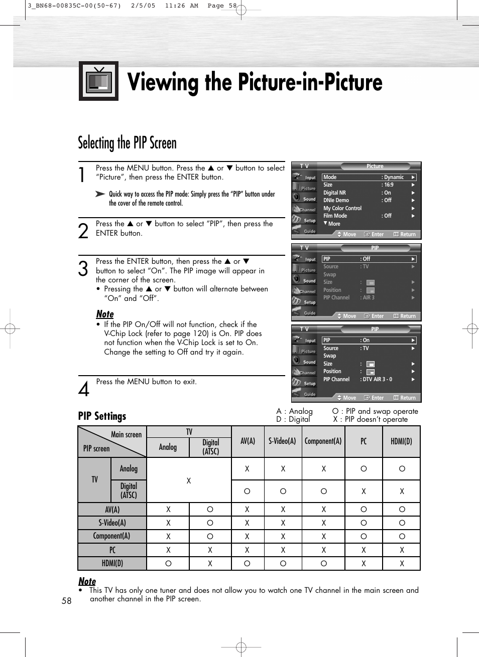 Viewing the picture-in-picture, Selecting the pip screen, Pip settings | Samsung SPR4232X-XAC User Manual | Page 58 / 144