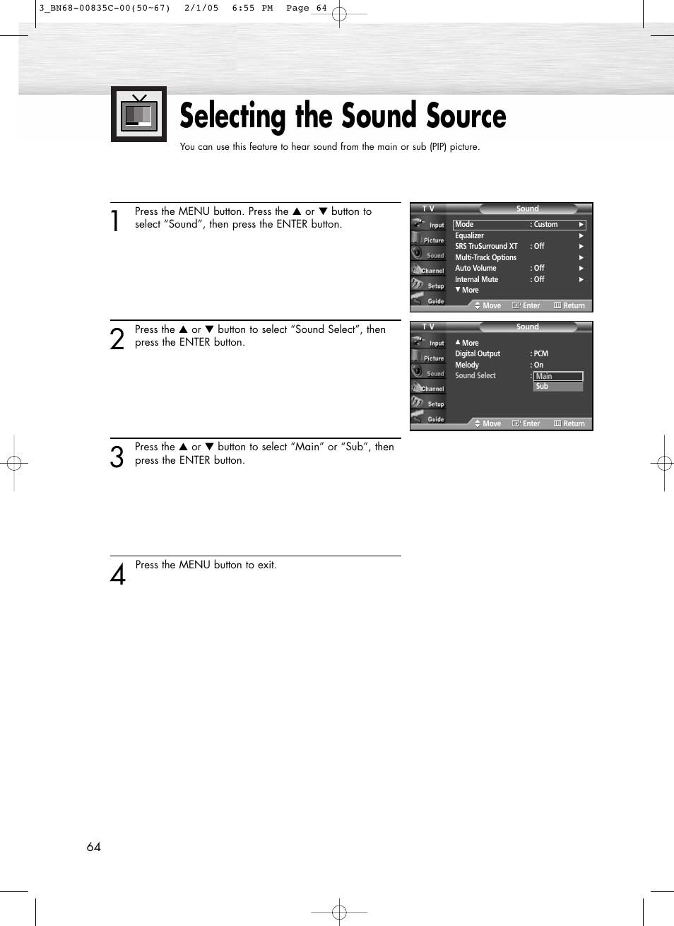 Selecting the sound source | Samsung SPR4232X-XAC User Manual | Page 64 / 144