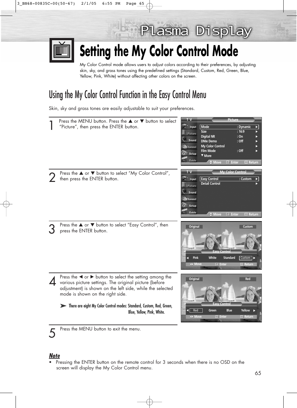 Setting the my color control mode | Samsung SPR4232X-XAC User Manual | Page 65 / 144