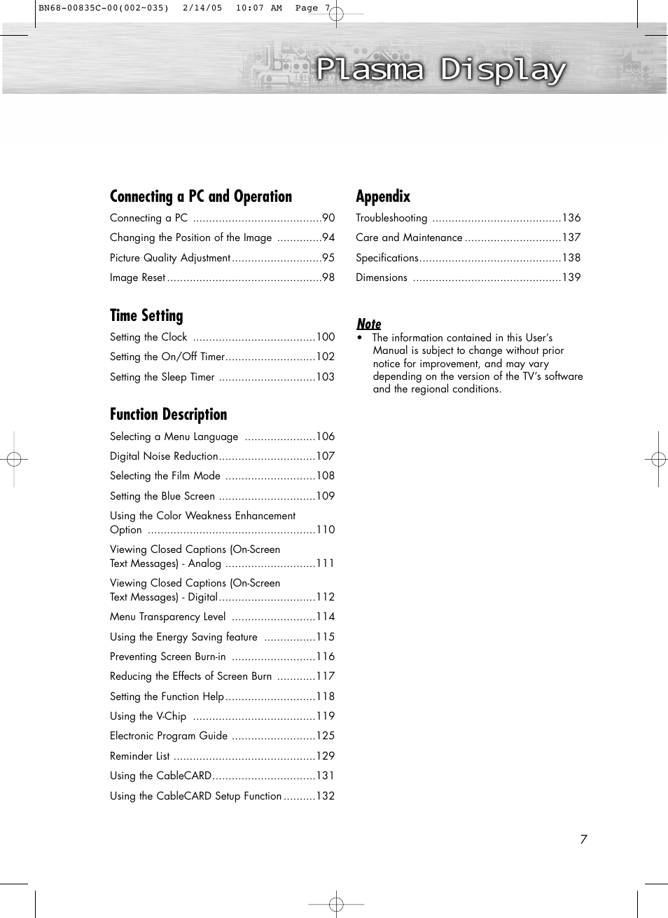 Connecting a pc and operation, Time setting, Function description | Appendix | Samsung SPR4232X-XAC User Manual | Page 7 / 144