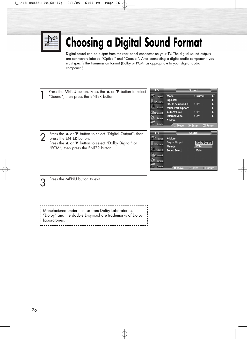 Choosing a digital sound format | Samsung SPR4232X-XAC User Manual | Page 76 / 144