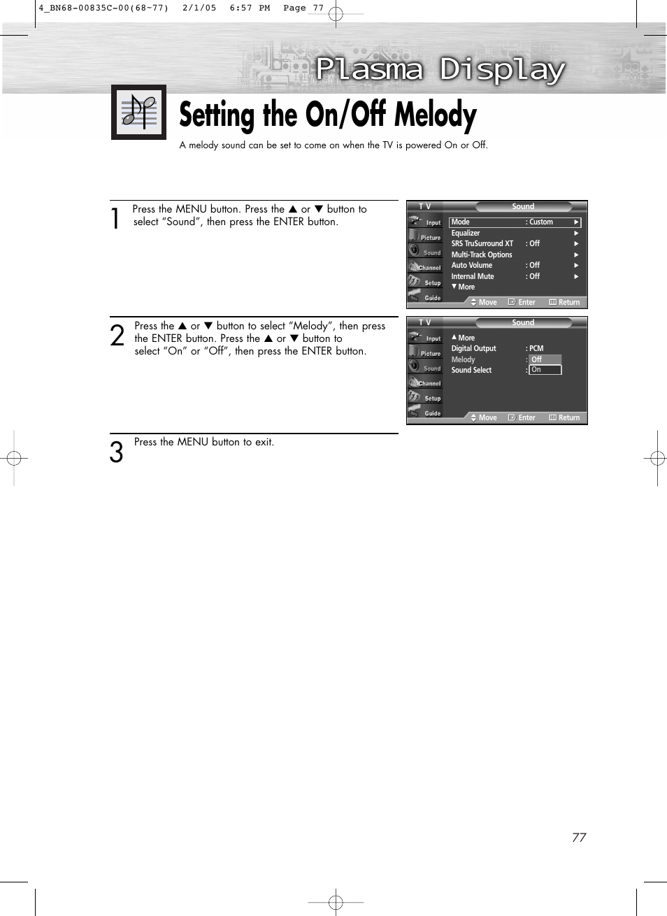 Setting the on/off melody | Samsung SPR4232X-XAC User Manual | Page 77 / 144