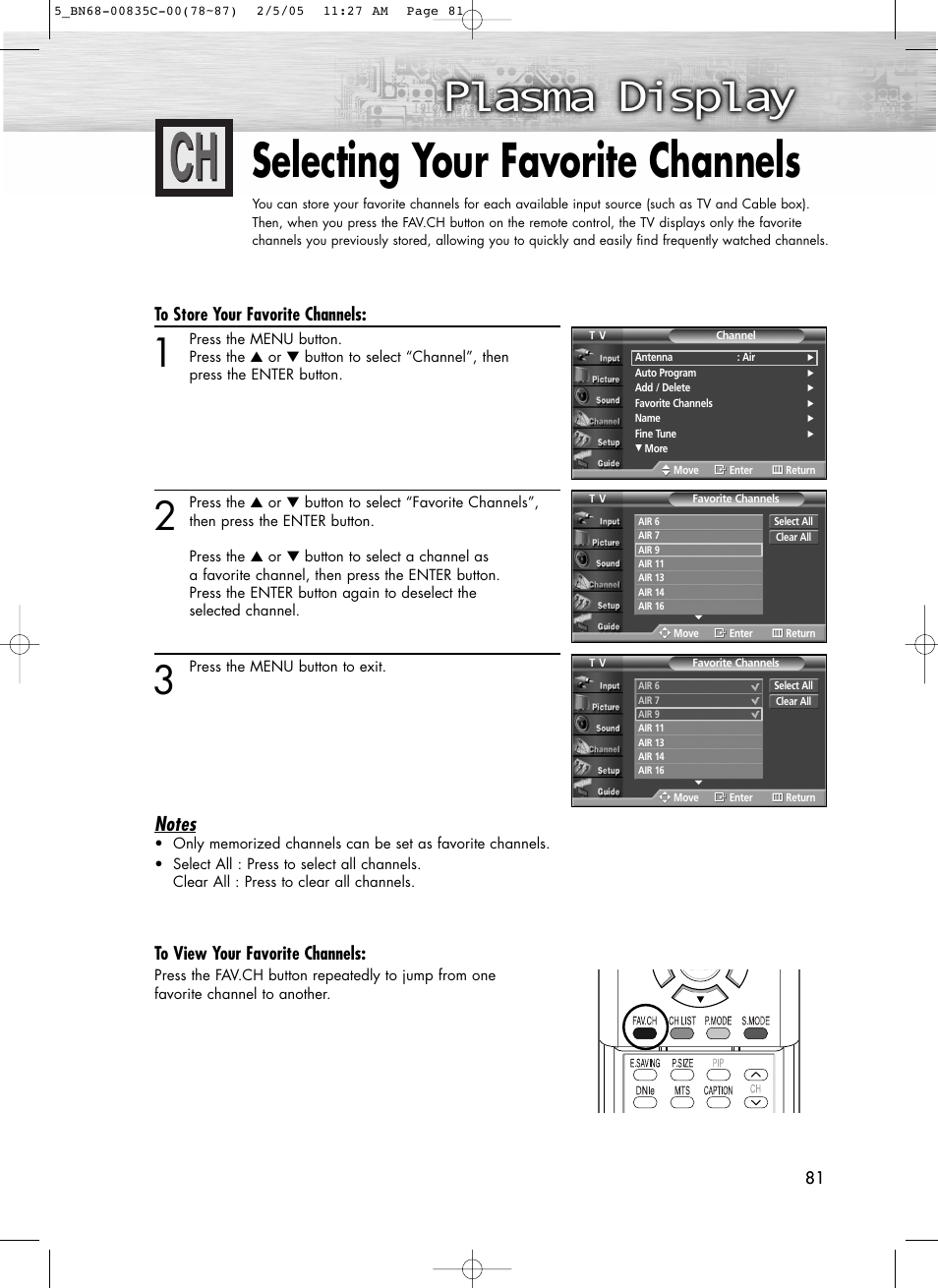 Selecting your favorite channels | Samsung SPR4232X-XAC User Manual | Page 81 / 144