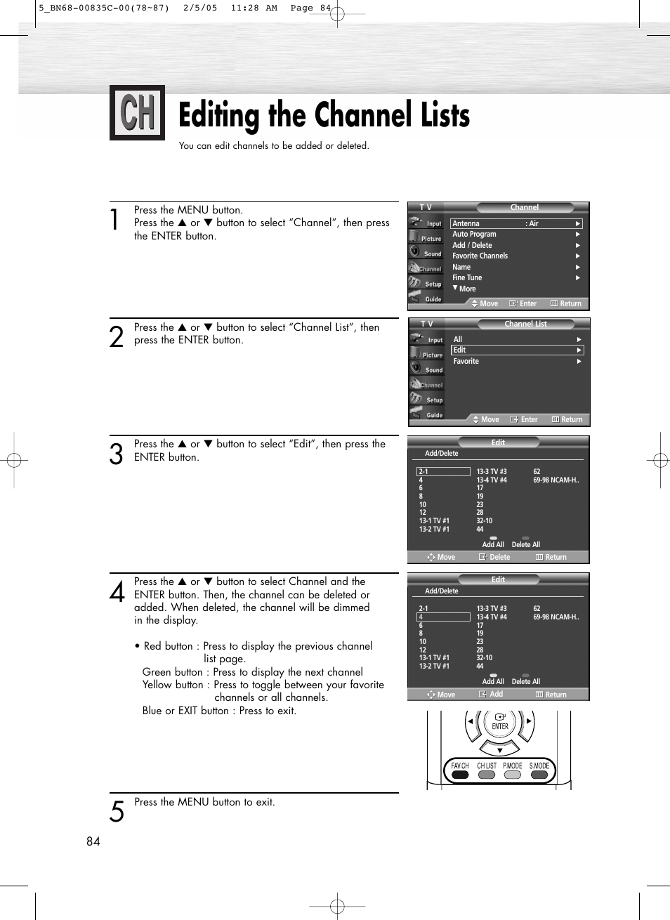 Editing the channel lists | Samsung SPR4232X-XAC User Manual | Page 84 / 144