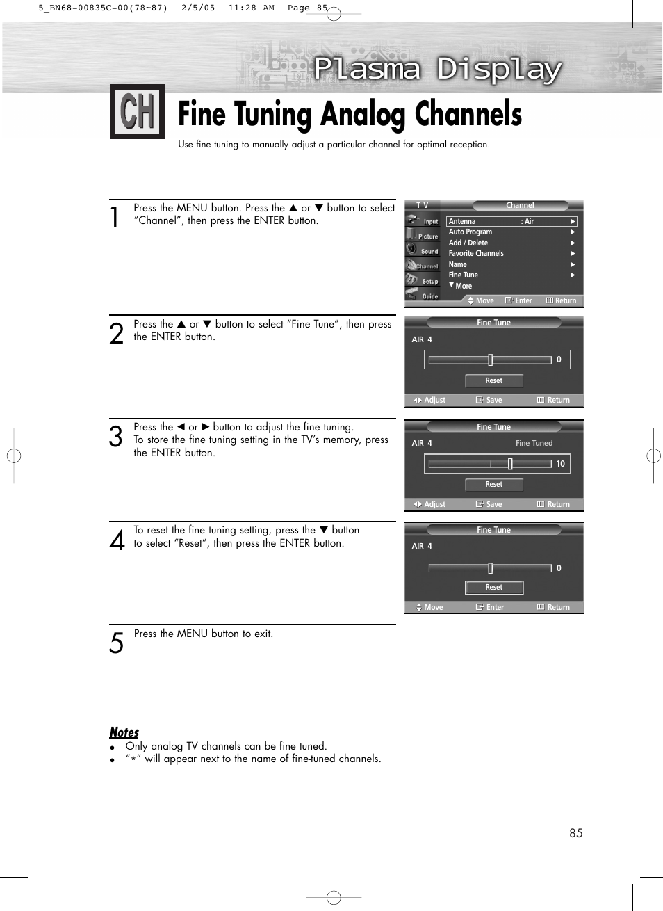 Fine tuning analog channels | Samsung SPR4232X-XAC User Manual | Page 85 / 144