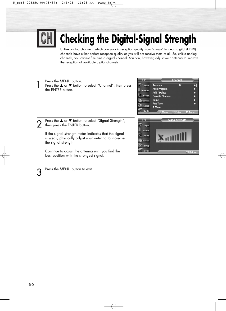 Checking the digital-signal strength | Samsung SPR4232X-XAC User Manual | Page 86 / 144