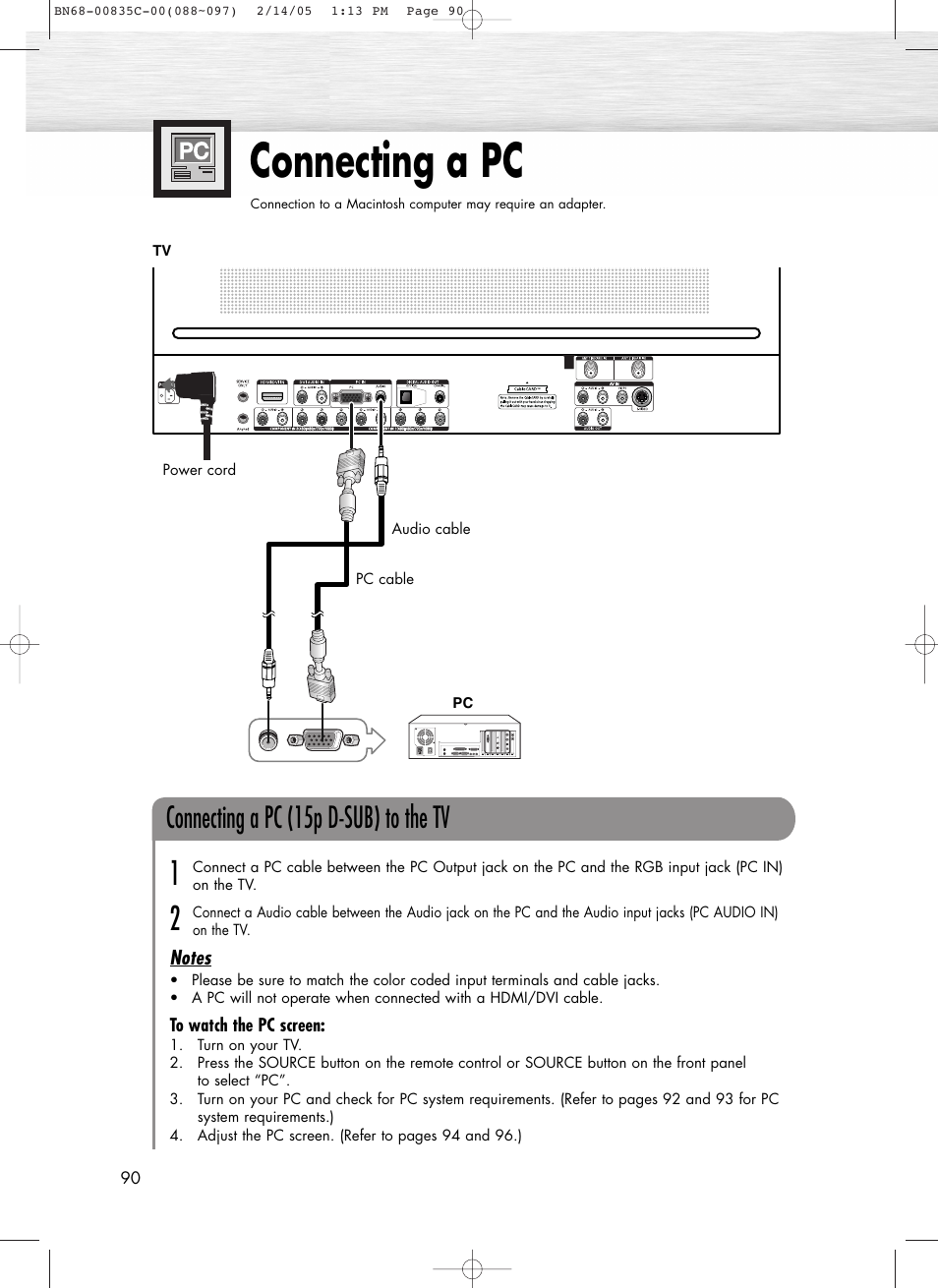 Connecting a pc, Connecting a pc (15p d-sub) to the tv | Samsung SPR4232X-XAC User Manual | Page 90 / 144