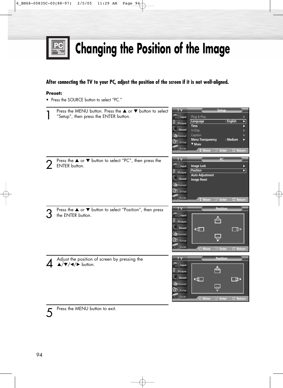 Changing the position of the image | Samsung SPR4232X-XAC User Manual | Page 94 / 144