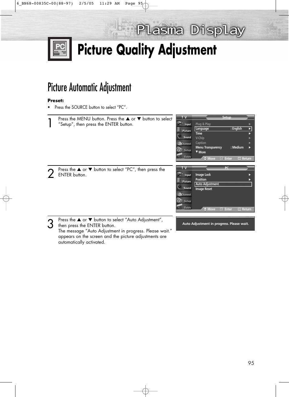 Picture quality adjustment, Picture automatic adjustment | Samsung SPR4232X-XAC User Manual | Page 95 / 144