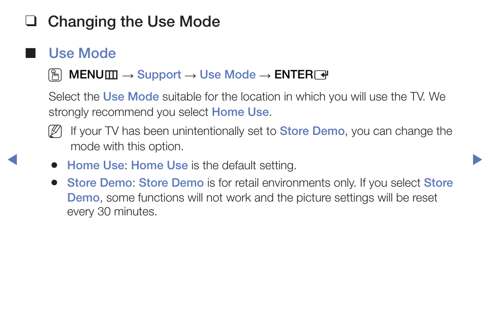 Changing the use mode, Use mode o | Samsung PN51F5300BFXZA User Manual | Page 124 / 129