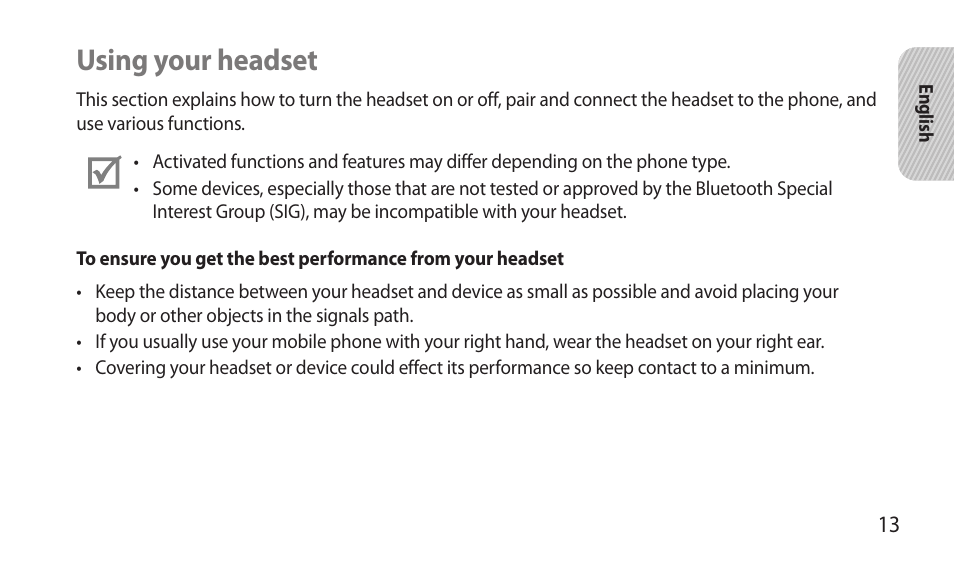 Using your headset | Samsung BHM7000NBACSTA User Manual | Page 15 / 86
